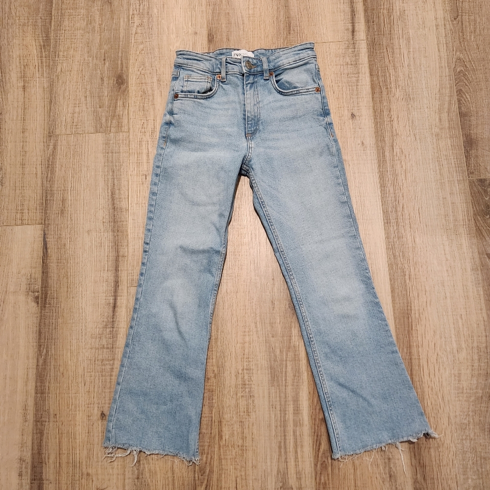Zara Straight Leg Ankle Jeans, Raw Hem, Light Wash, High Waist, Women's 2